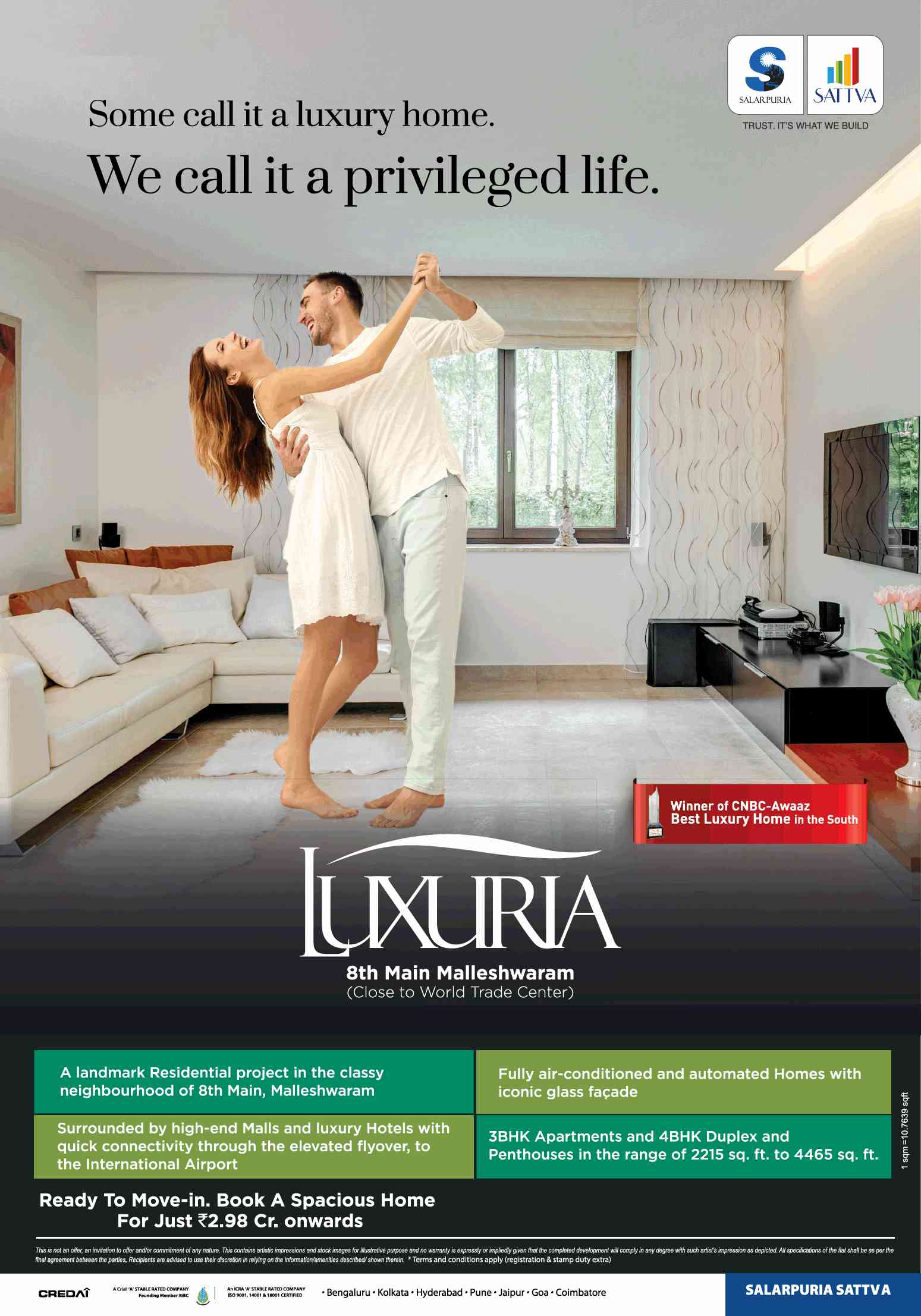 Book ready to move homes at Rs 2.98 cr at Salarpuria Sattva Luxuria in Bangalore
